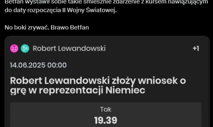 Polski buk wystawił TAKI KURS na grę Lewego dla...